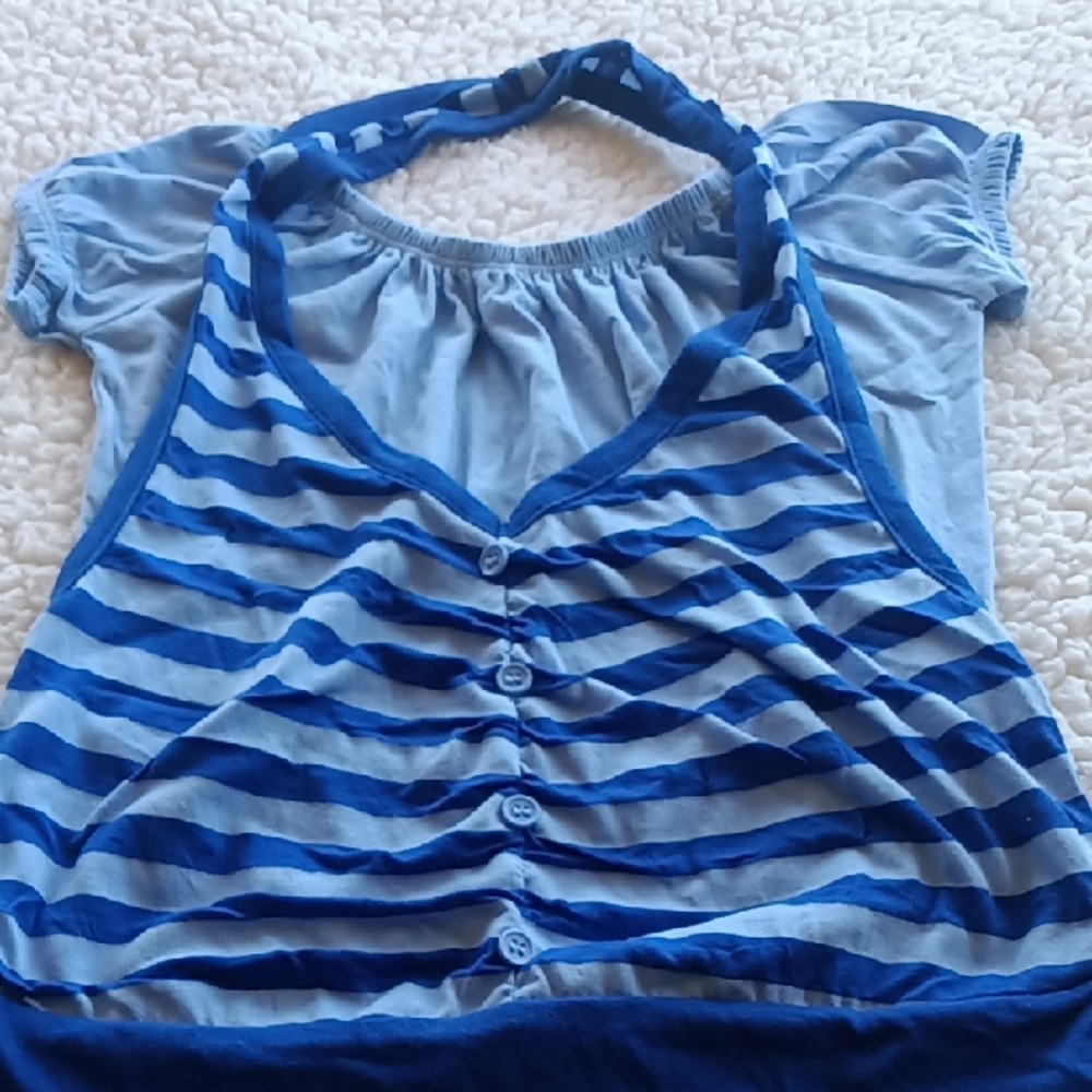 Route 66 Blue Ruffled Blouse with Flutter Sleeves